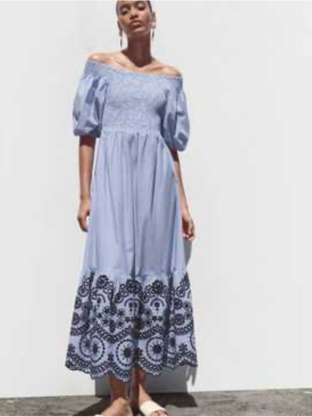 Zara Light Blue Off-Shoulder Embroidered Maxi Dress